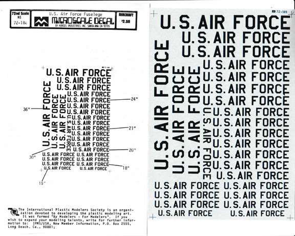 1/72 SCALE DECAL: MICROSCALE #72-188 ‘US AIR FORCE FUSELAGE